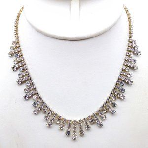 Icy Sparkle Bib Choker Necklace, Silver Tone Vintage with Clear Prong Set